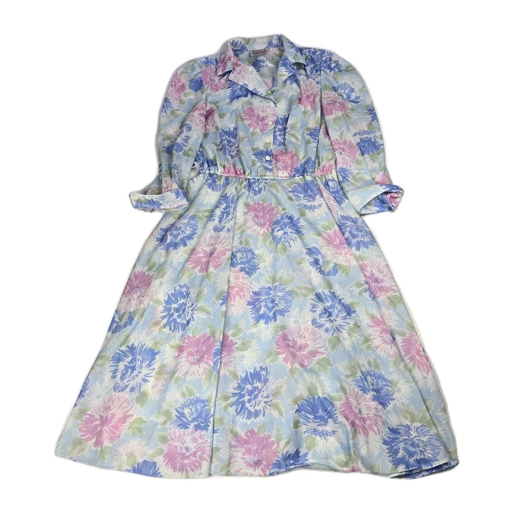 Vintage 80's  California Looks Floral Medium Length Sleeve Women's Midi Dress 16
